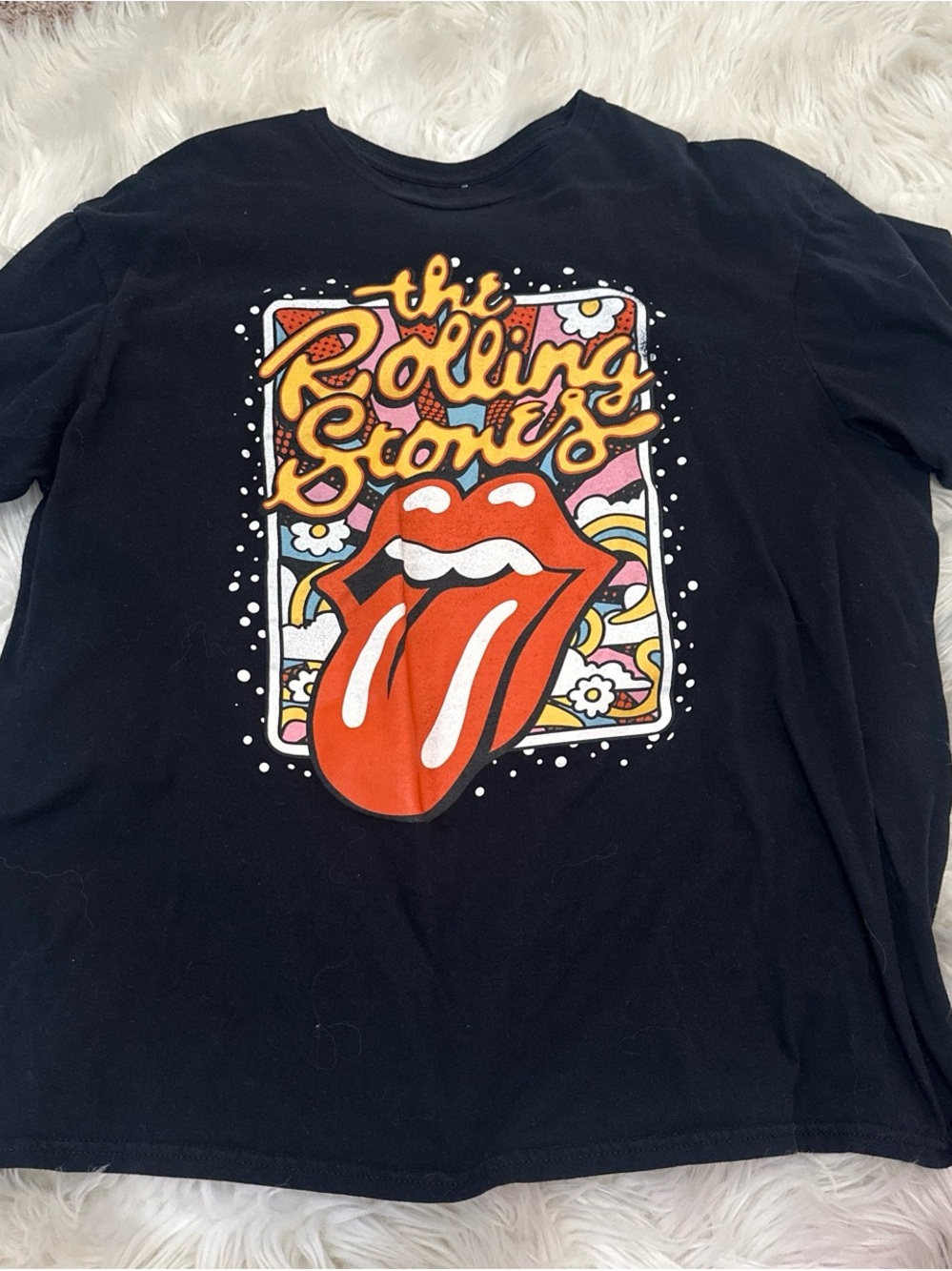 the Rolling Stones Black Tee with Red Tongue and Yellow Script